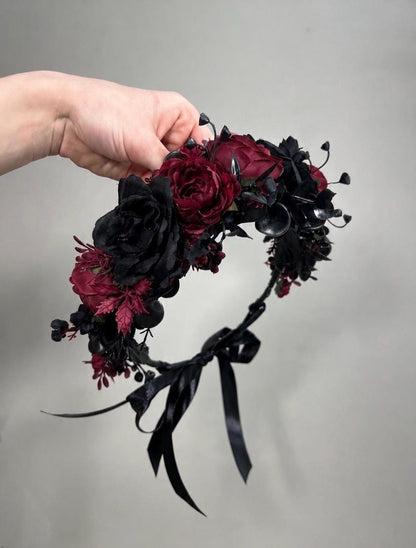 Burgundy Black Flower Crown, Gothic Wedding Floral Headpiece, Dark Red Bridal Hair Wreath, Halloween Wedding Headpiece Wine Red Black