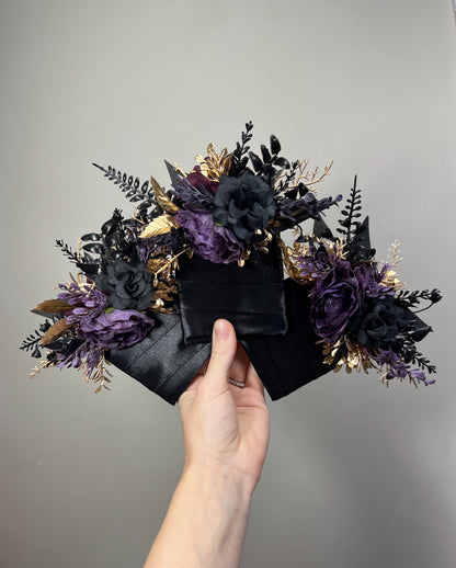 Black Plum Pocket Boutonnière, Wedding Gothic Square Boutonnière, Black Gold Dark Purple Groom Flower, Black Purple Pocket Boutonnière