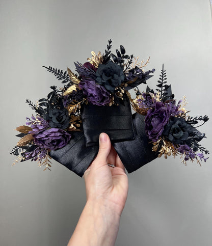 Black Plum Pocket Boutonnière, Wedding Gothic Square Boutonnière, Black Gold Dark Purple Groom Flower, Black Purple Pocket Boutonnière