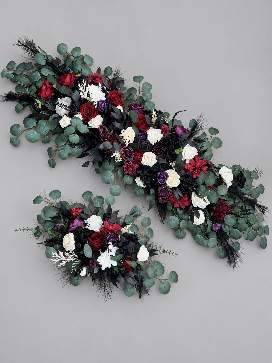 Black Burgundy Purple Arch Arrangements, Wedding White Ivory Black Dark Purple Arbor Flowers, Dusty Sage Eucalyptus Greenery Backdrop Flower