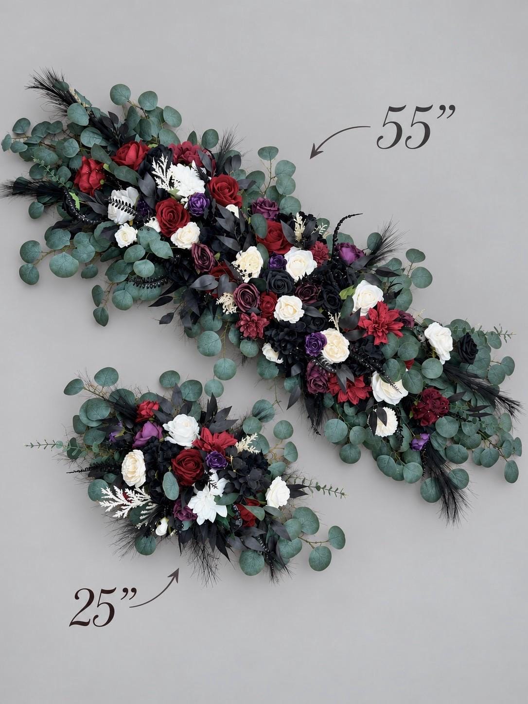 Black Burgundy Purple Arch Arrangements, Wedding White Ivory Black Dark Purple Arbor Flowers, Dusty Sage Eucalyptus Greenery Backdrop Flower