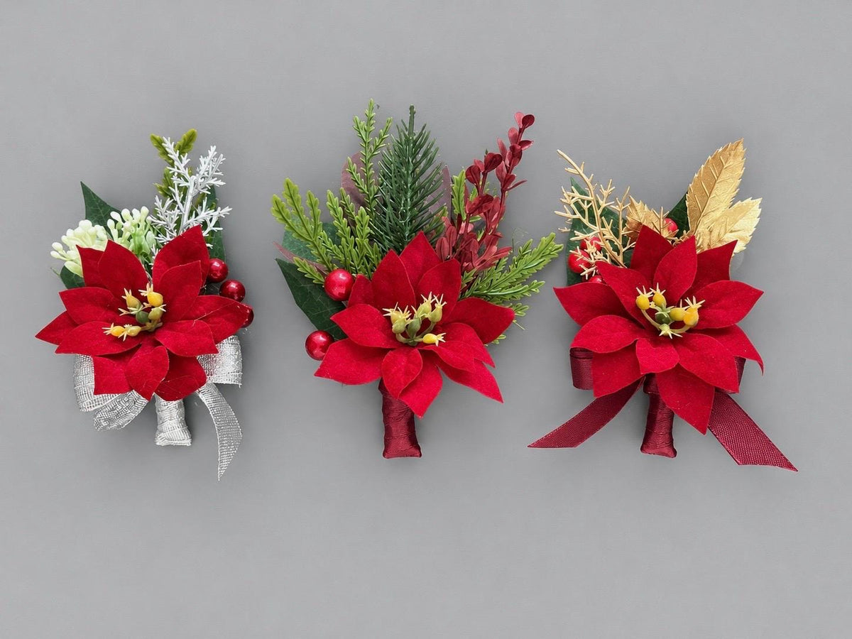 Christmas Poinsettia Boutonniere, Red Holiday Wedding Buttonhole, Winter Groom Groomsmen Pin on Boutonnière, Men Winter Lapel Flower
