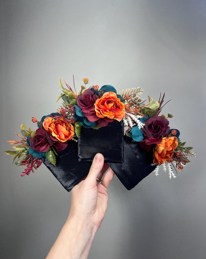 Teal Orange Pocket Boutonniere, Wedding Burnt Orange Burgundy Teal Blue Floral Square Boutonnière , Fall Groom Groomsmen Pocket Flowers