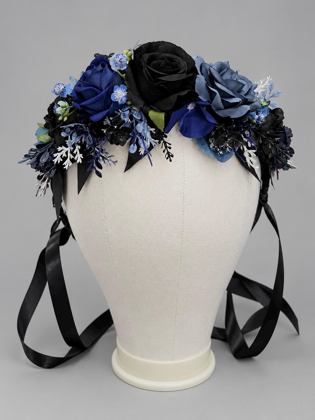 Blue Black Hair Crown, Gothic Wedding Dark Hair Wreath, Halloween Bridal Crown, Moody Fantasy Headband, Corpse Bride Crown Floral