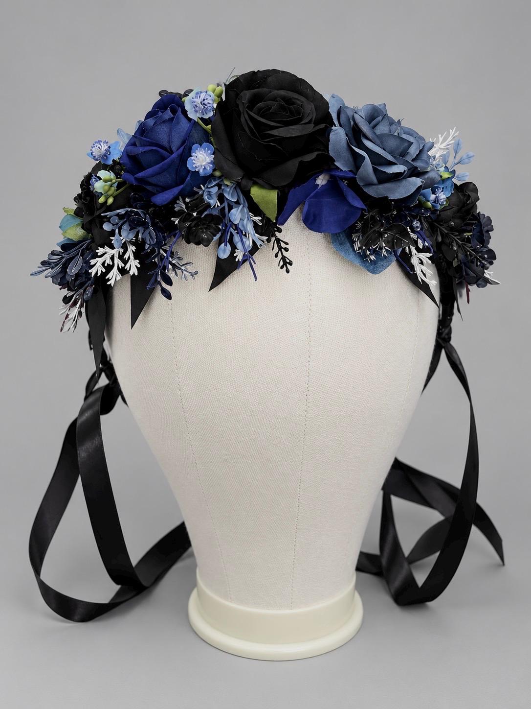 Blue Black Hair Crown, Gothic Wedding Dark Hair Wreath, Halloween Bridal Crown, Moody Fantasy Headband, Corpse Bride Crown Floral