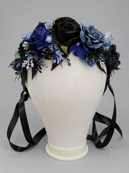 Blue Black Hair Crown, Gothic Wedding Dark Hair Wreath, Halloween Bridal Crown, Moody Fantasy Headband, Corpse Bride Crown Floral