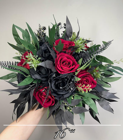 Red Black Gothic Wedding Bouquet, Dark Red Rose Bridal Bouquet, Black Rose Bouquet, Halloween Wedding Flowers, Moody Bridal Bouquet