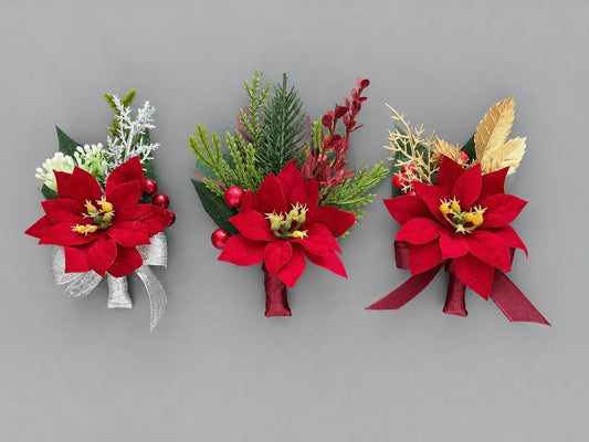 Christmas Poinsettia Boutonniere, Red Holiday Wedding Buttonhole, Winter Groom Groomsmen Pin on Boutonnière, Men Winter Lapel Flower