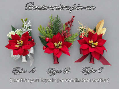 Christmas Poinsettia Boutonniere, Red Holiday Wedding Buttonhole, Winter Groom Groomsmen Pin on Boutonnière, Men Winter Lapel Flower