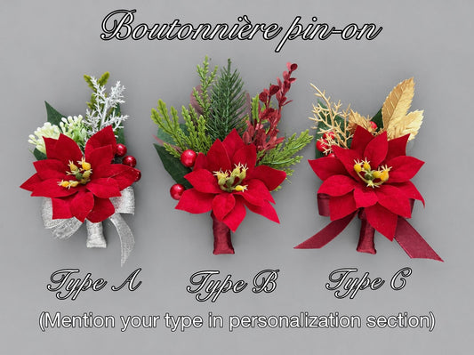 Christmas Poinsettia Boutonniere, Red Holiday Wedding Buttonhole, Winter Groom Groomsmen Pin on Boutonnière, Men Winter Lapel Flower