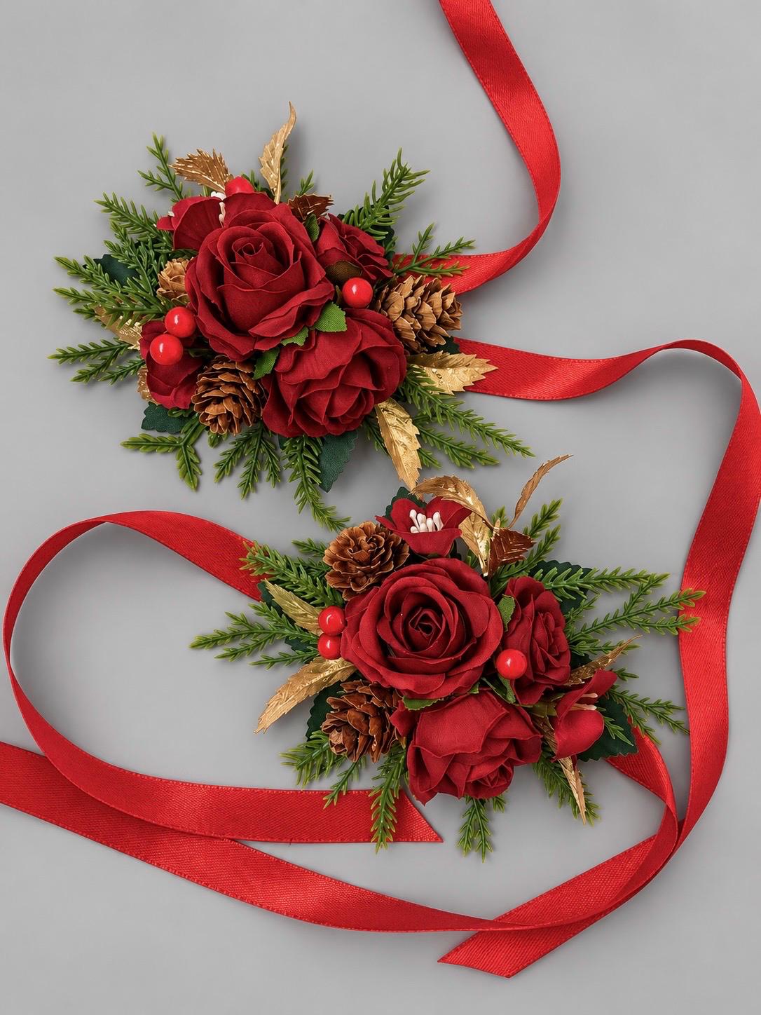 Christmas Red Wrist Corsage, Dark Red Rose Gold Holiday Corsage, Winter Wedding Flowers, Pinecone Evergreen Wrist Flower Artificial