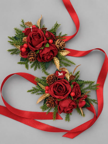 Christmas Red Wrist Corsage, Dark Red Rose Gold Holiday Corsage, Winter Wedding Flowers, Pinecone Evergreen Wrist Flower Artificial