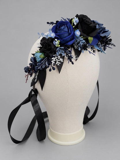 Blue Black Hair Crown, Gothic Wedding Dark Hair Wreath, Halloween Bridal Crown, Moody Fantasy Headband, Corpse Bride Crown Floral