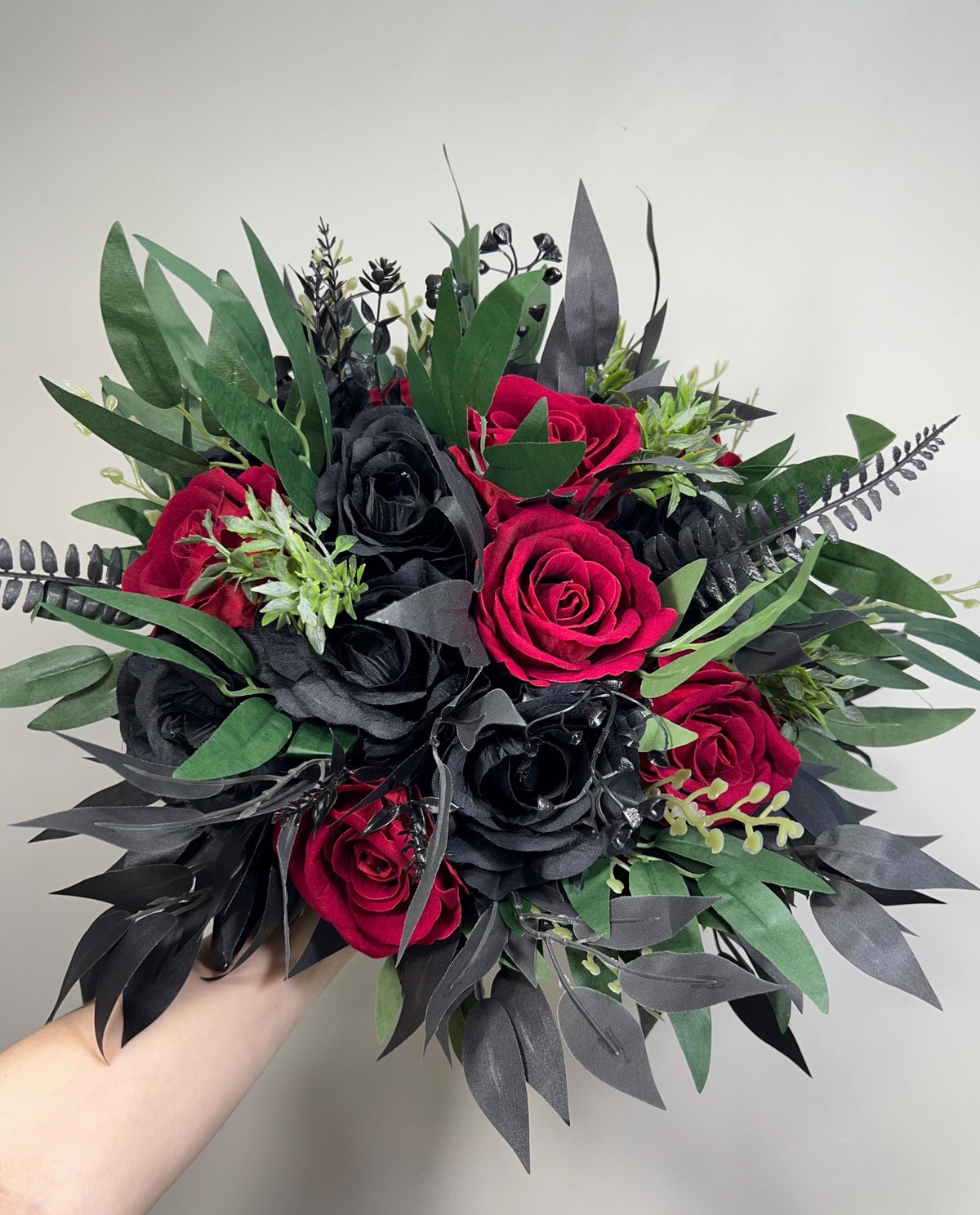 Red Black Gothic Wedding Bouquet, Dark Red Rose Bridal Bouquet, Black Rose Bouquet, Halloween Wedding Flowers, Moody Bridal Bouquet
