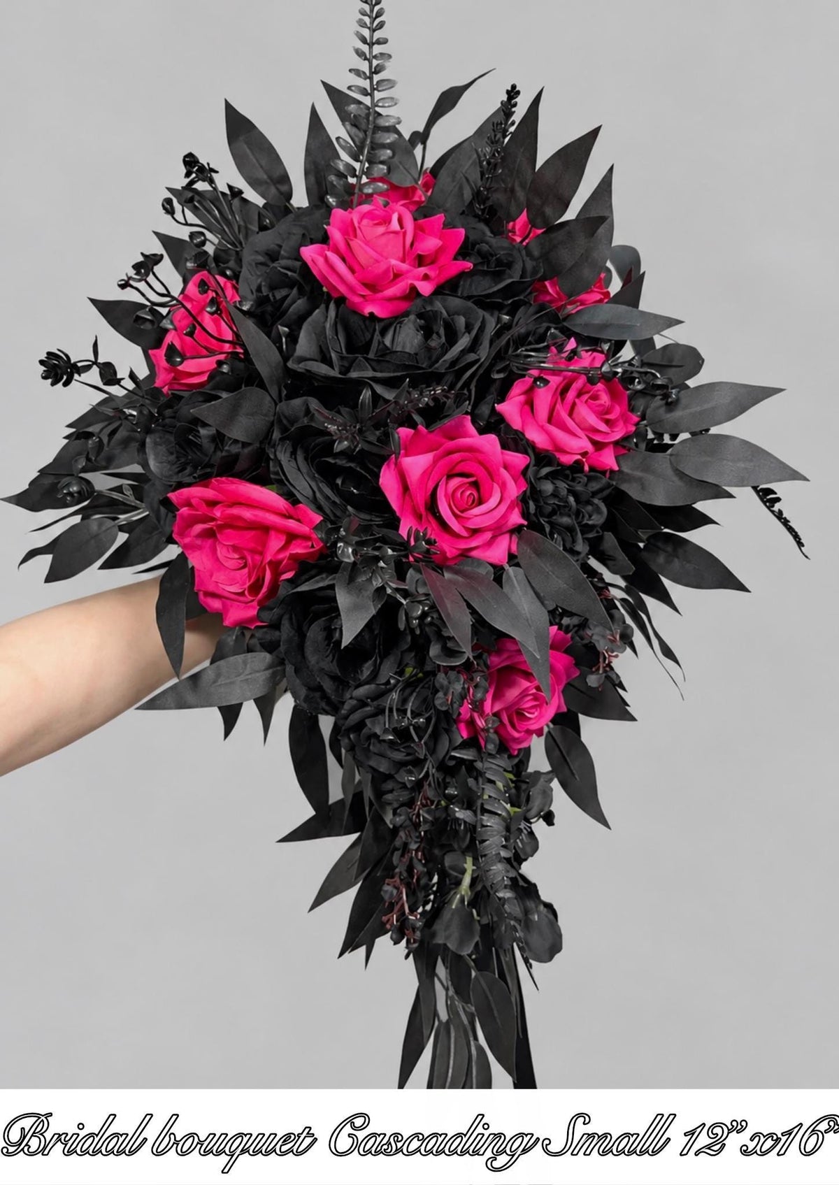 Hot Pink Black Cascading Bouquet, Gothic Bridal Wedding Flowers, Fuchsia Black Roses Cascade Bouquet, Bridesmaids Pink Black Moody Bouquet