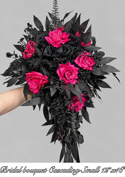 Hot Pink Black Cascading Bouquet, Gothic Bridal Wedding Flowers, Fuchsia Black Roses Cascade Bouquet, Bridesmaids Pink Black Moody Bouquet