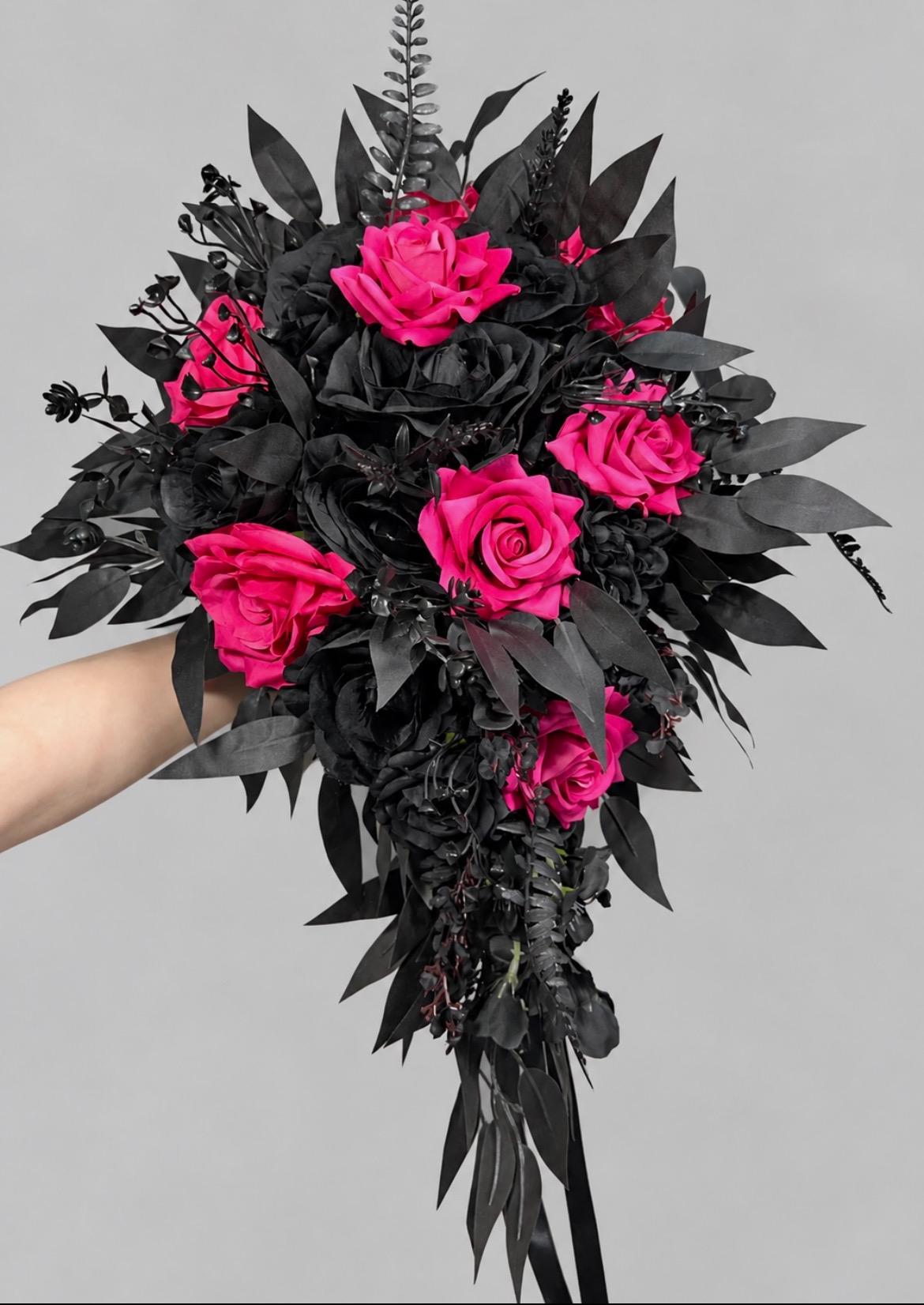 Hot Pink Black Cascading Bouquet, Gothic Bridal Wedding Flowers, Fuchsia Black Roses Cascade Bouquet, Bridesmaids Pink Black Moody Bouquet
