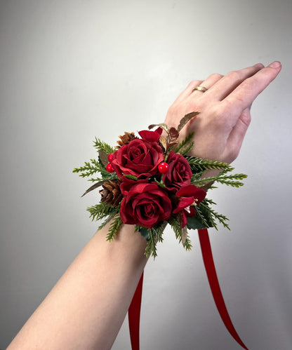 Christmas Red Wrist Corsage, Dark Red Rose Gold Holiday Corsage, Winter Wedding Flowers, Pinecone Evergreen Wrist Flower Artificial