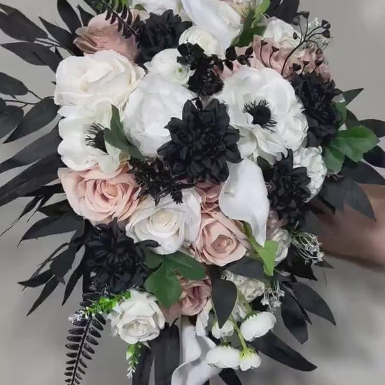 Black Bouquet Cascade White Bridal Gothic Cascading Bouquet Black Dusty Rose Bridesmaids Black Bouquet Ivory Anemone Artificial Flower