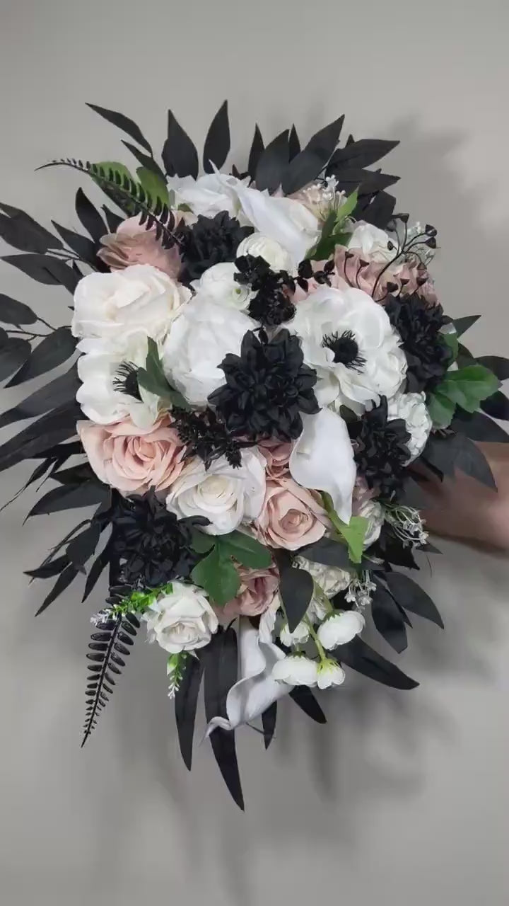 Black Bouquet Cascade White Bridal Gothic Cascading Bouquet Black Dusty Rose Bridesmaids Black Bouquet Ivory Anemone Artificial Flower