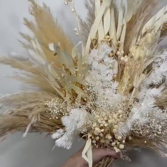 Wedding White Bridal Bouquet Boho Bouquet Bridesmaids Ivory Natural Baby Breath Bunny Tails Bouquet Pampas Grass Palms Leaves Dried Flowers