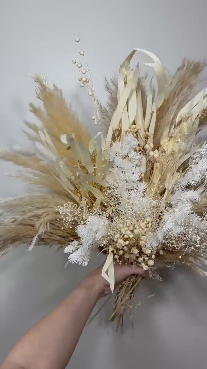 Wedding White Bridal Bouquet Boho Bouquet Bridesmaids Ivory Natural Baby Breath Bunny Tails Bouquet Pampas Grass Palms Leaves Dried Flowers