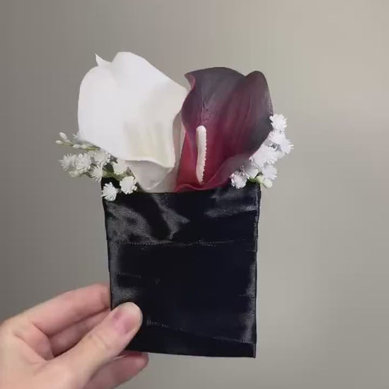 Calla Lily Pocket Boutonnière, Wedding White Burgundy Calla Lilies, Groom Square Boutonniere, Groomsmen Real Touch Calla Lily Flowers