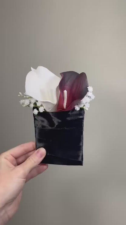 Calla Lily Pocket Boutonnière, Wedding White Burgundy Calla Lilies, Groom Square Boutonniere, Groomsmen Real Touch Calla Lily Flowers