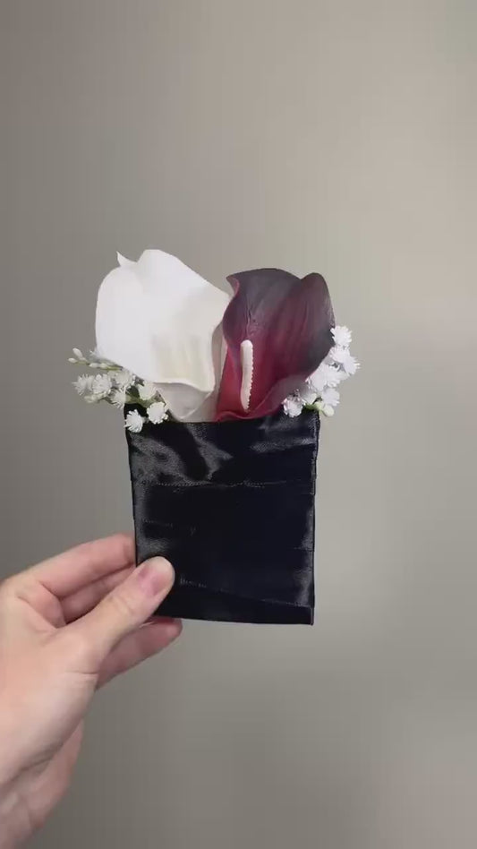 Calla Lily Pocket Boutonnière, Wedding White Burgundy Calla Lilies, Groom Square Boutonniere, Groomsmen Real Touch Calla Lily Flowers
