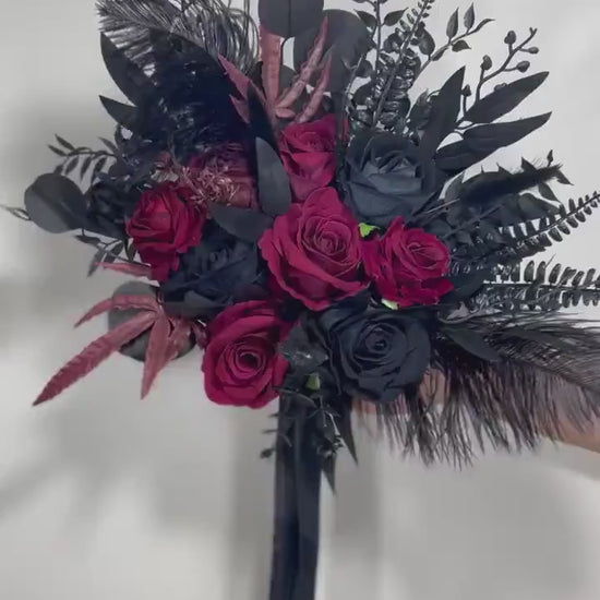Wedding Bouquet Black Ostrich Feathers Burgundy Bridal Gothic Wedding Halloween Bouquet Bridesmaids Black Decor Burgundy Artificial Flowers