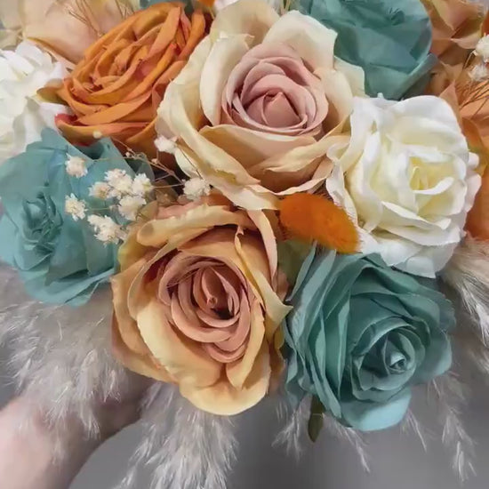 Wedding Terracotta Bouquet Bridal Teal Bridesmaids Bouquet Boho White Ivory Rust Pampas Grass Blue Terracotta Teal Artificial Flower