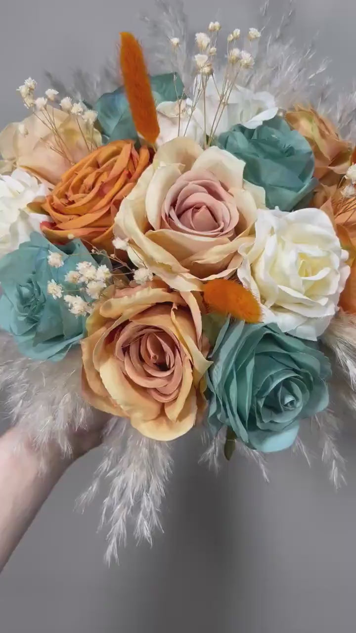 Wedding Terracotta Bouquet Bridal Teal Bridesmaids Bouquet Boho White Ivory Rust Pampas Grass Blue Terracotta Teal Artificial Flower