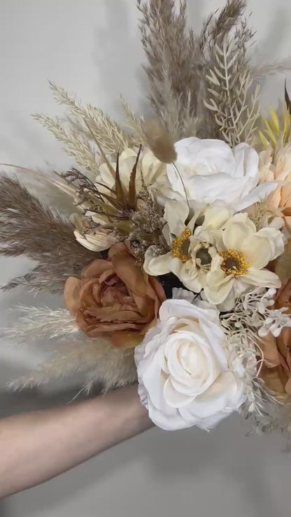 Wedding White Bouquet Boho Brown Bridesmaids Bouquet Pampas Grass Cinnamon Bouquet Beige Ivory Brown Bouquet Artificial Flower