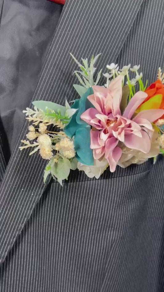 Teal Rust Pocket Boutonniere Wedding Dusty Rose Terracotta Groom Boutonnière Square White Groomsmen Gold Dark Teal Boutonniere Rust