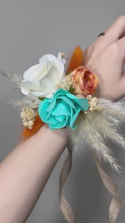 Wedding Teal Corsage White Wedding Wrist Corsage Orange Bridesmaids Terracotta Corsage Turquoise Mom Corsage Artificial Flowers