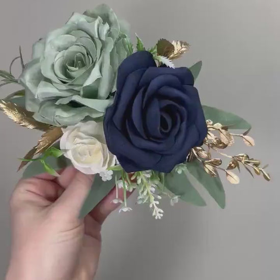Sage Green Cake Decoration Wedding Sage Navy Blue Topper Decor Flower Cake Arrangement Sage Green Blue White Cake Decor Artificial Flower