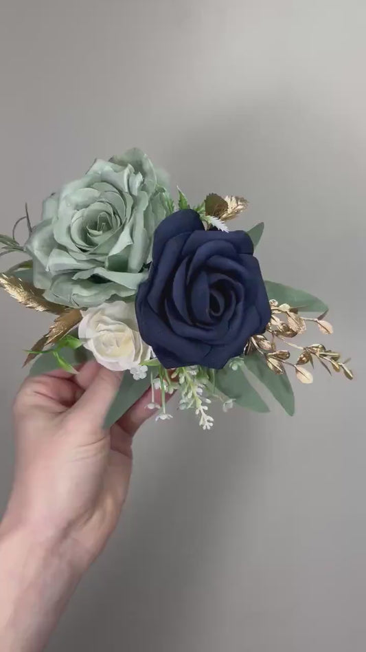 Sage Green Cake Decoration Wedding Sage Navy Blue Topper Decor Flower Cake Arrangement Sage Green Blue White Cake Decor Artificial Flower