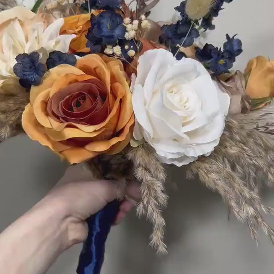 Wedding Bouquet Navy Blue Terracotta Boho Bridal Rust White Bouquet Burnt Orange Brown Cinnamon Navy Blue Artificial Flower Pampas Grass