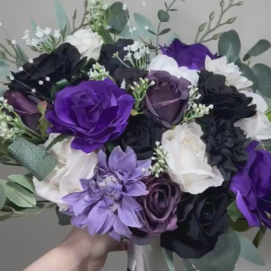 Black Bouquet Dark Purple Bridal Wedding Gothic Bouquet Black White Decor Royal Purple Black Bridesmaids Bouquet Sage Artificial Flower