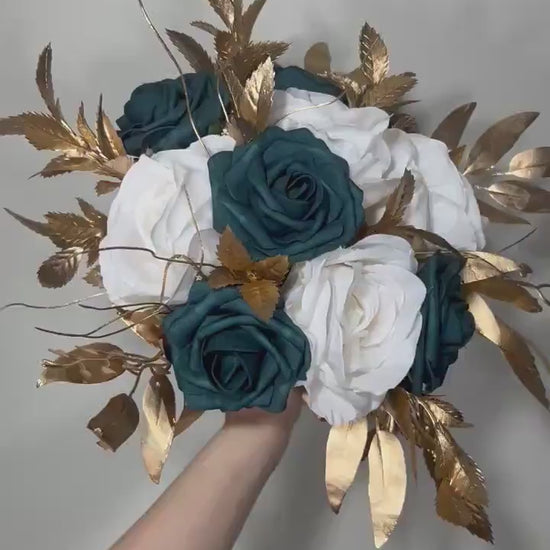 Wedding Teal Blue Bouquet White Bridal Turquoise Bridesmaids Bouquet Gold Teal Ivory Artificial Flowers Emerland Green Bouquet Dark Teal