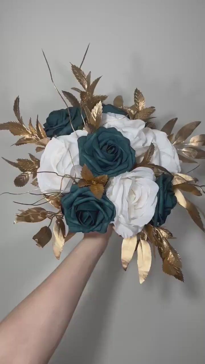 Wedding Teal Blue Bouquet White Bridal Turquoise Bridesmaids Bouquet Gold Teal Ivory Artificial Flowers Emerland Green Bouquet Dark Teal