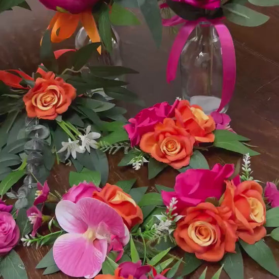 Orange Hot Pink Centerpieces, Wedding Mini Bouquet for Bud Vase, Fuchsia Bright Orange Summer Table Decor Centerpiece, Tropical Beach Flower
