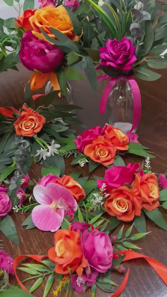 Orange Hot Pink Centerpieces, Wedding Mini Bouquet for Bud Vase, Fuchsia Bright Orange Summer Table Decor Centerpiece, Tropical Beach Flower