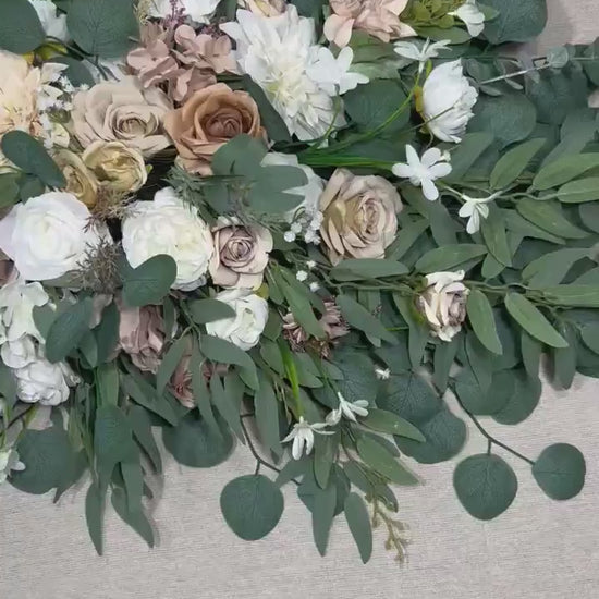 White Taupe Arch Arrangements Wedding Ivory Soft Brown Arbor Arrangements Eucalyptus Sage Green Beige Neutral Earthy Tones Artificial Flower