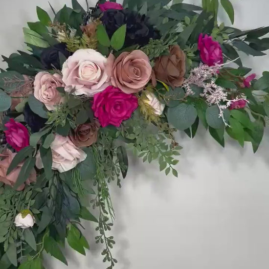Hot Pink Dusty Rose Arch Arrangements, Wedding Blush Brown Black Arbor Arrangement, Floral Background Swag Rustic, Gem Colors Flowers