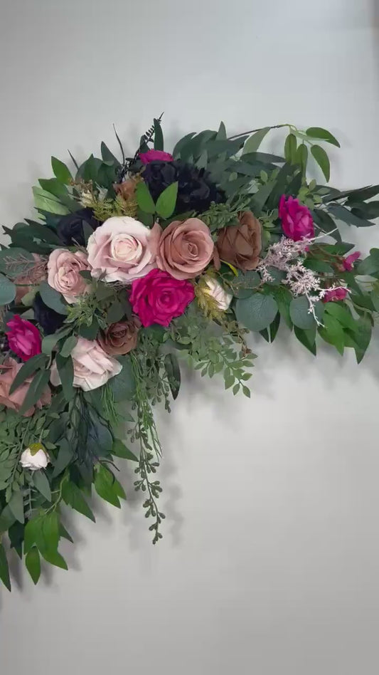 Hot Pink Dusty Rose Arch Arrangements, Wedding Blush Brown Black Arbor Arrangement, Floral Background Swag Rustic, Gem Colors Flowers
