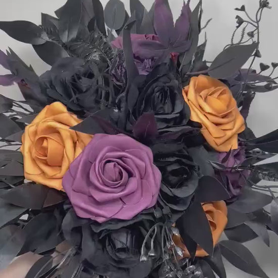 Black Purple Orange Halloween Bouquet, Wedding Plum Black Gothic Bridal Bouquet Bridesmaids