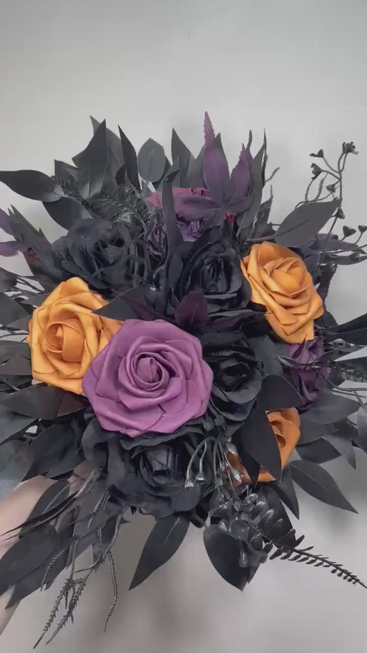 Black Purple Orange Halloween Bouquet, Wedding Plum Black Gothic Bridal Bouquet Bridesmaids