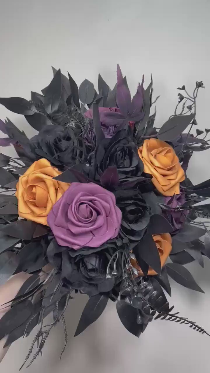 Black Purple Orange Halloween Bouquet, Wedding Plum Black Gothic Bridal Bouquet Bridesmaids
