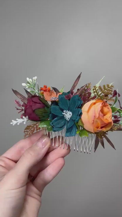 Flower Comb Wedding Dark Teal Head Piece Hair Comb Burgundy Bridal Wedding Burnt Orange Teal Hair Accessories Hair Comb Artificial Flower